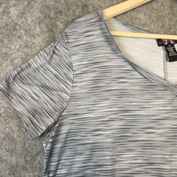 Butterflies & Rainbows Top 3X Boho Tie Front Short Sleeve V Neck Space Dye Gray - Picture 3 of 8